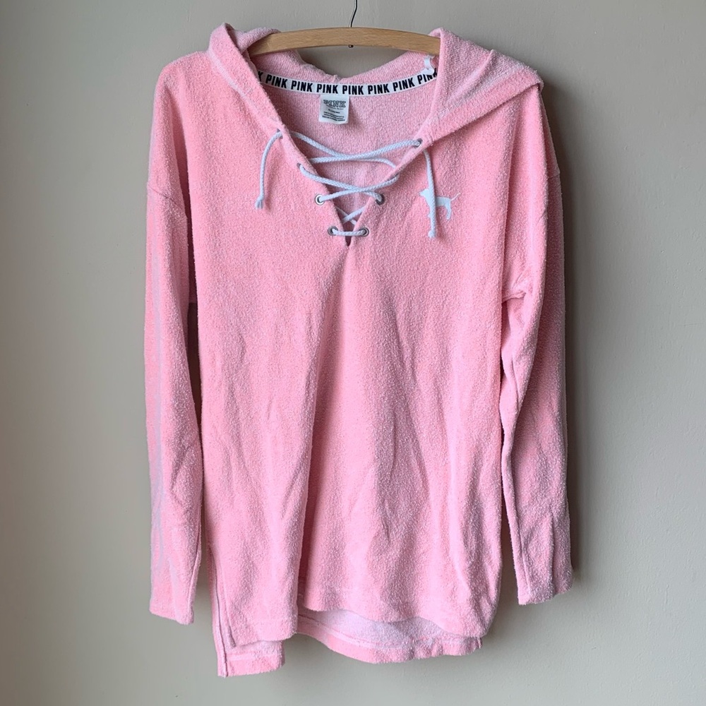 PINK Victoria’s Secret pink terry like lace up hoodie white lettering